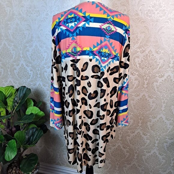 Kimono Open Front Southwestern/Leopard Print Shirttail Hem One Size Long Sleeve - Picture 7 of 10